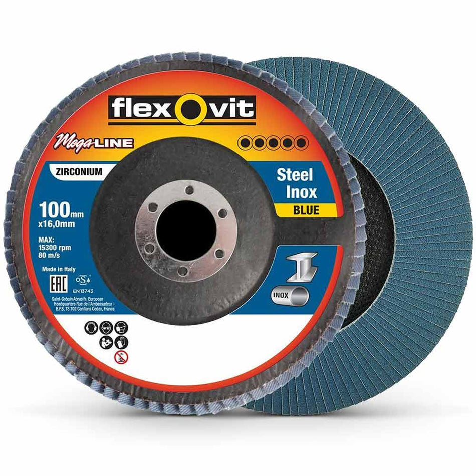 Flexovit 60-Grit Zirconia Angled Flap Disc Steel Inox - Megaline (4 Sizes Available)
