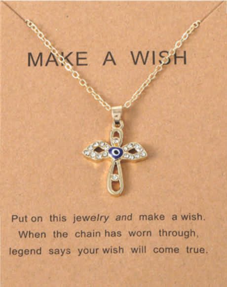 Gold Cross with Diamante Wing Evil Eye Fashion Necklace