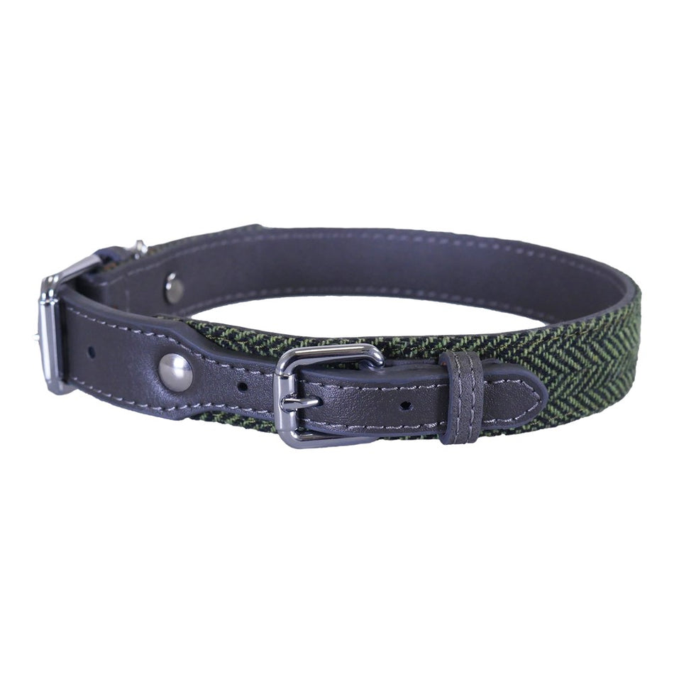 Rosewood Forest Herringbone/Grey Leather Collar (2 sizes available)