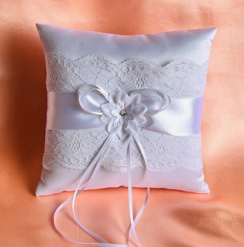Ring Pillow with Wide Lace and Flower, 19x19cm, White and Ivory