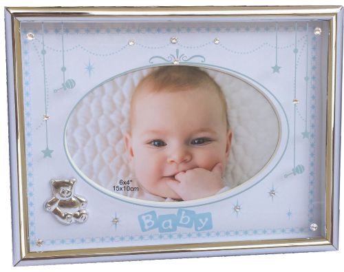 Photo Frame Baby with Silver Teddy Blue 6" x 4"