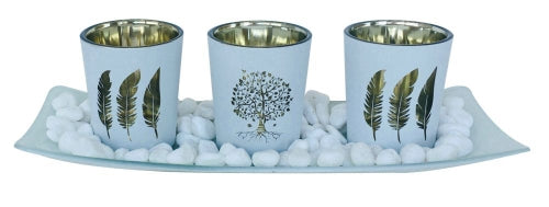 Tree of Life Decorative Glass Candle Holder Pebbles Set, 3pcs, 26x10x7cm