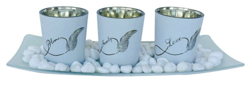 White Feather Personalized Glass Candle Holder Pebbles Set, 3pcs, 26x10x7cm