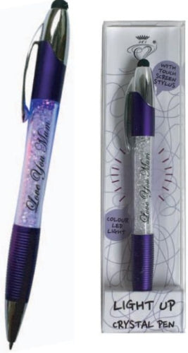 LED Light up 2 in1 Touch Screen Stylus Ballpoint Pen, Purple with Love You Mum Writing