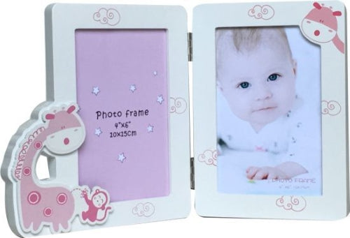 Double Photo Frame with Giraffe Baby - 2 of 6" x 4"  - pink