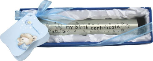 Birth Certificate Holder Silver with Teddy in Gift Box (2 colours available)