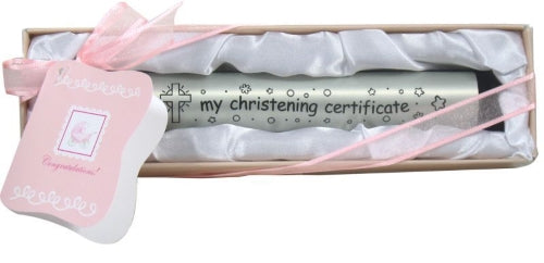 Christening Certificate Holder Silver with Cross in Gift Box (2 colours available)
