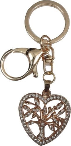 Heart Shape Diamante Keyring with Tree of Life Gold Color