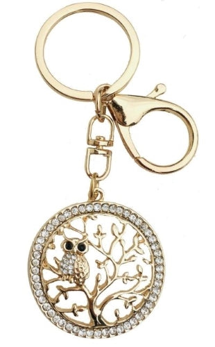 Diamante Owl on Life Tree Keyring, Gold Color