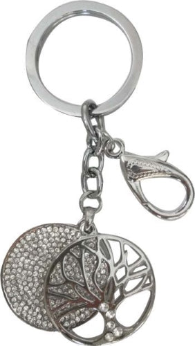 Tree of Life and Diamante Double Round Shape Metal Keyring Silver Color