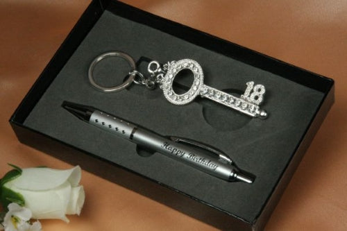 Birthday Pen Set with 18th Diamante Key Shape Key Ring