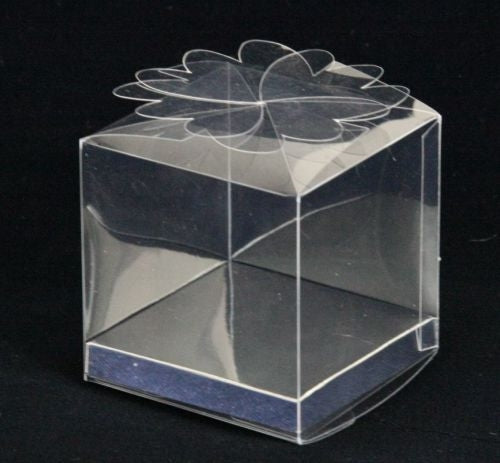 Clear PVC Cube Shape Gift Box with Silver Base and Flower Lid, 7.5cm