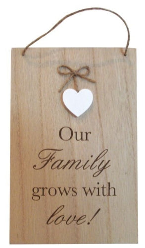 Our Family Grows With Love Hanging Plaque with white Heart, 15x23cm