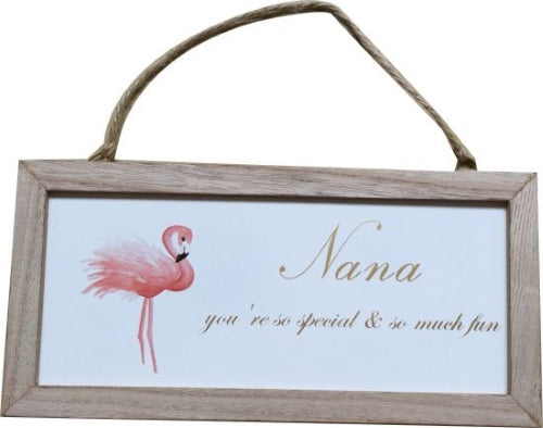 Nana Hanging Plaque with Single Flamingo and Wood Frame, 25.5x12.5x0.5cm