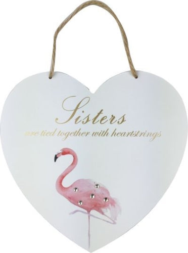 Sisters Heart Shape Hanging Plaque with Flamingo, 20x19x0.5cm