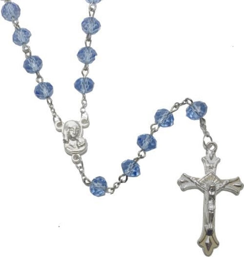 Blue Crystal Rosary with Madonna and Child Center 6mm