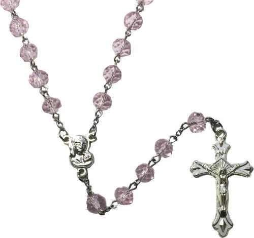 Pink Crystal Rosary with Madonna and Child Center 6mm