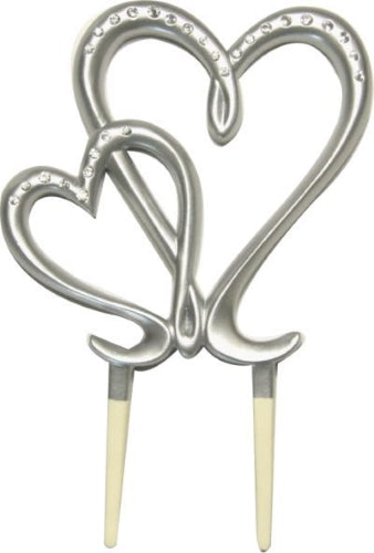 Cake Topper Double Hearts Silver with Gift Box 12cmWx10cmH Resin