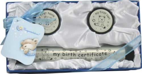 Baby First Tooth, Curl and Birth Certificate Holder Gift Set (2 colours available)