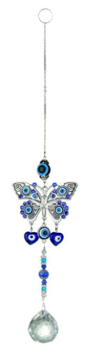 Silver Butterfly With Blue Gemstones and Evil Eyes Suncatcher