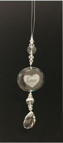 Engraved Glass Suncatcher with Clear Heart Beads, Love
