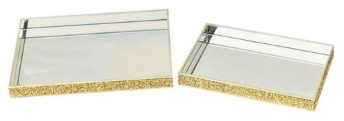 Gold Diamante Rectangle Mirrored Tray Set, 2pcs, 20x30x3.5cm & 25x35x3.5cm