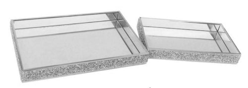 Silver Diamante Rectangle Mirrored Tray Set, 2pcs, 20x30x3.5cm & 25x35x3.5cm