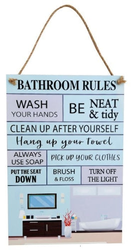 MDF Bathroom Rules Hanging Plaque with Bathroom Items Image , 24x35x0.6cm
