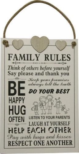 Family Rules Hanging Plaque with Top Hearts and 5 Members 24x35.5cm