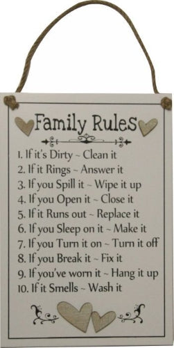 Family Rules(10) Hanging Plaque with Crooked Hearts
