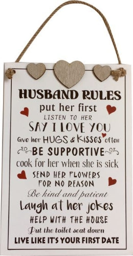 Husband Rules Home Hanging Plaque 24x35.5cm