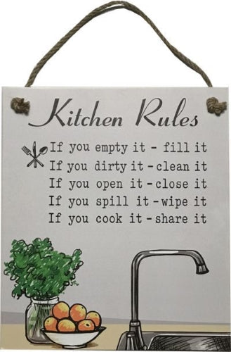 MDF Kitchen Rules Hanging Plaque with Tap and Food Image, 30x34x1.2cm