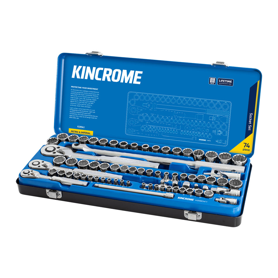 Kincrome Socket Set 74 Piece 1/4, 3/8 & 1/2" Drive - Metric & Imperial