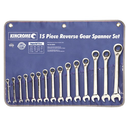 Kincrome Combination Gear Spanner Set 15 Piece - Imperial Reversible