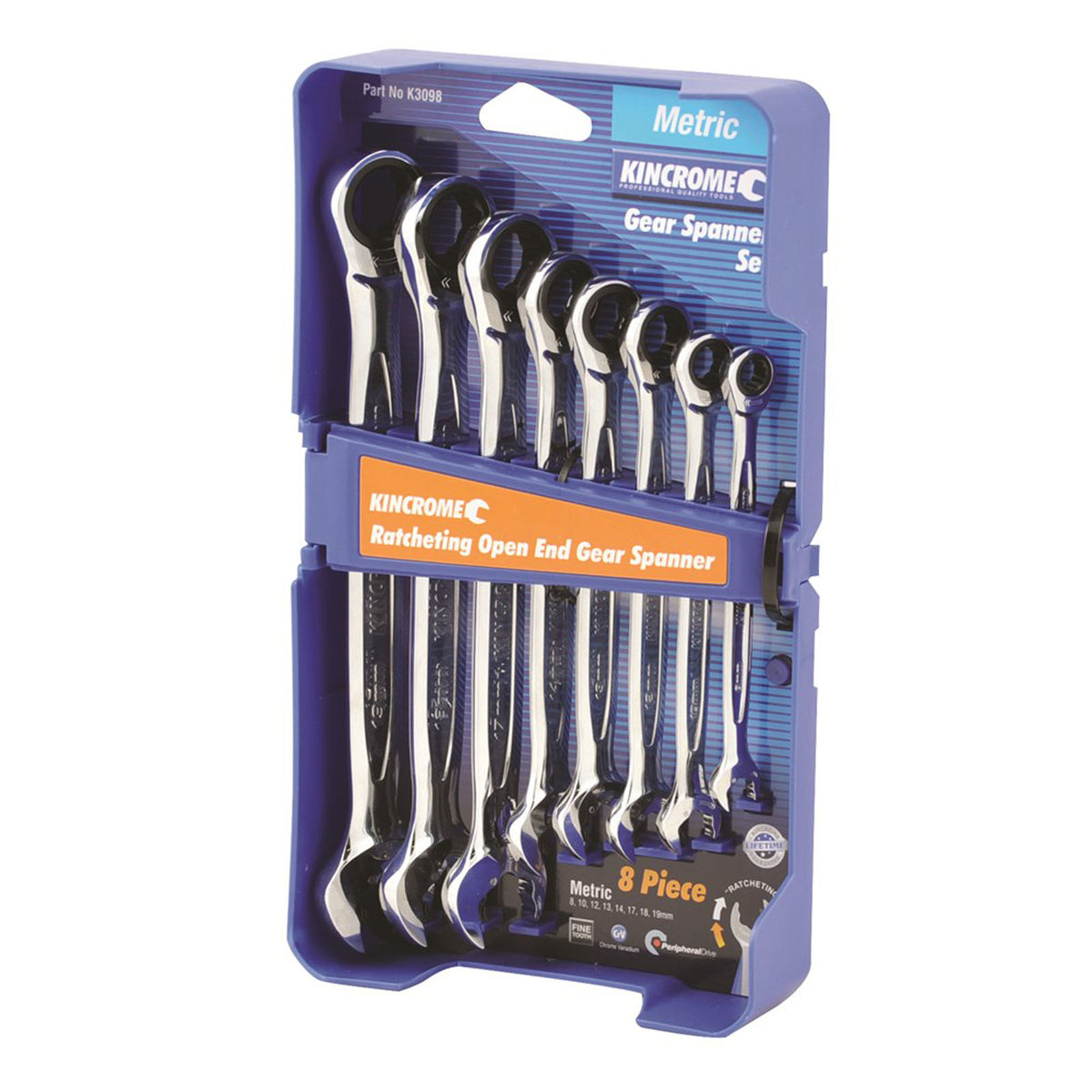 Kincrome Ratcheting Open End Gear Spanner Set 8 Piece - Metric - pack