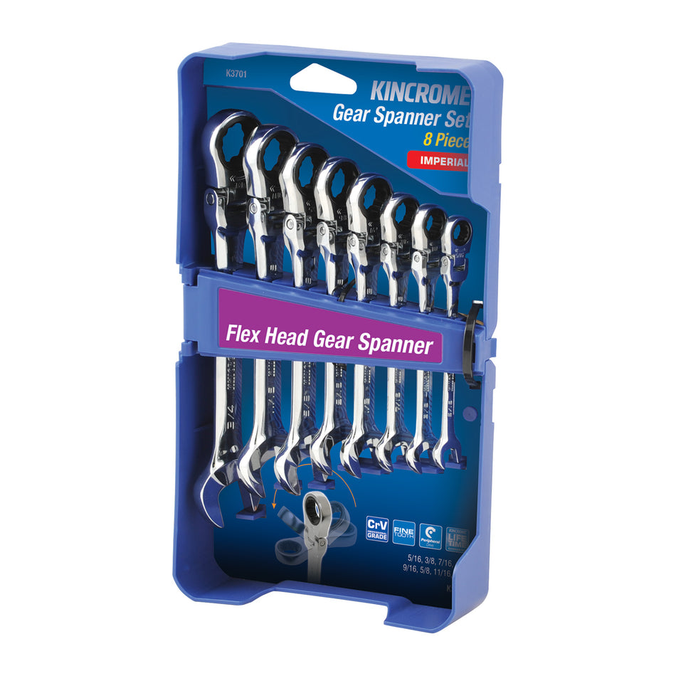 Kincrome Flex Head Gear Spanner Set 8 Piece - Imperial