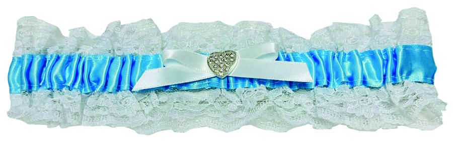 Ivory Lace and Blue Ribbon Bridal Garter with Center Pave Heart