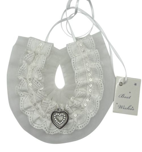 Wide Lace with Metallic Sequin Horseshoe Bridal Charm and Dual Hearts