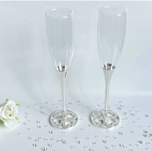 Champagne Flutes 2pc Set with Diamante Heart Pattern Foot