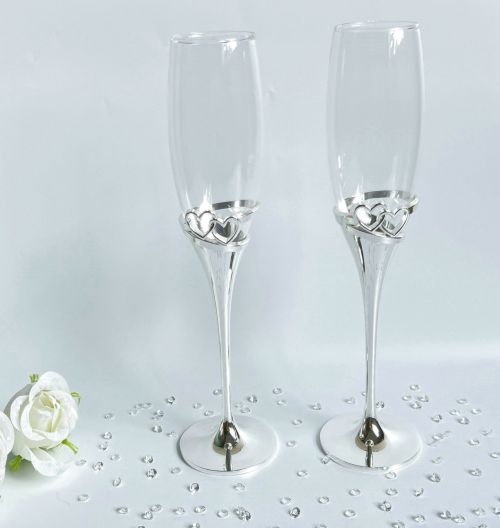 Champagne Flutes 2pc Set with Double Hearts Design