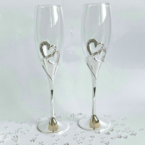 Beautiful Diamante Rimmed Double Hearts Champagne Flutes with Silver Stem - 2Set