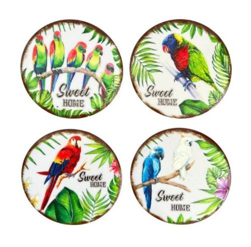 Round Shape Parrots Image Coaster Set with Sweet Home Message, 4pcs, Diameter :10cm, Box