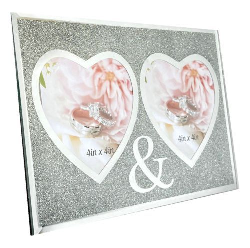 Silver Glitter Dual Heart Shape Photo Frame 4"x4"