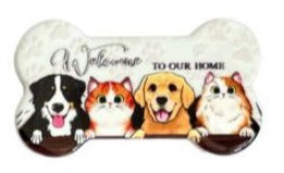 Bone Shape Melamine Pets Magnet with Welcome to Our Home Message - 2x Cats 2x Dogs