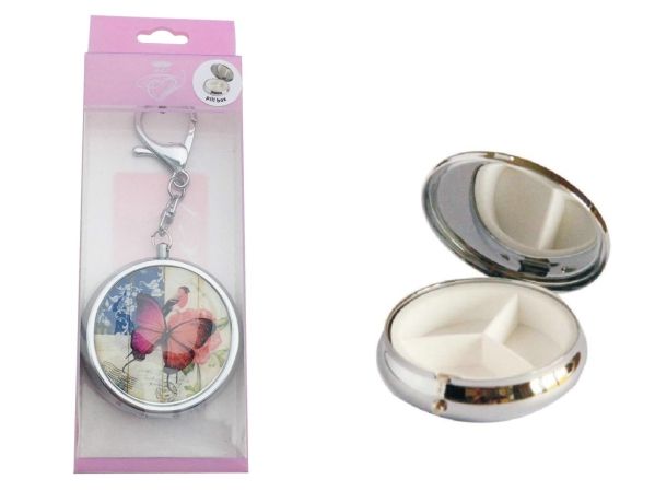 Metal Round Compact Pill Box, Mixed Design 5cm(D) Assorted