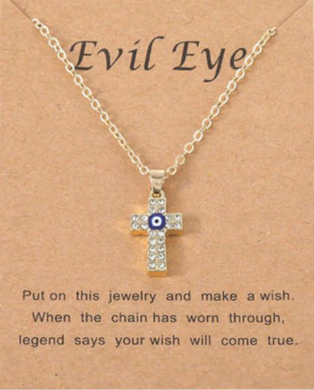 Gold Diamante Cross Evil Eye Fashion Necklace