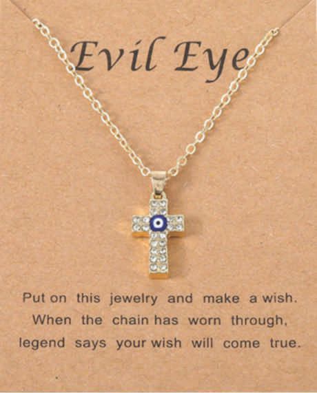 Gold Diamante Cross Evil Eye Fashion Necklace
